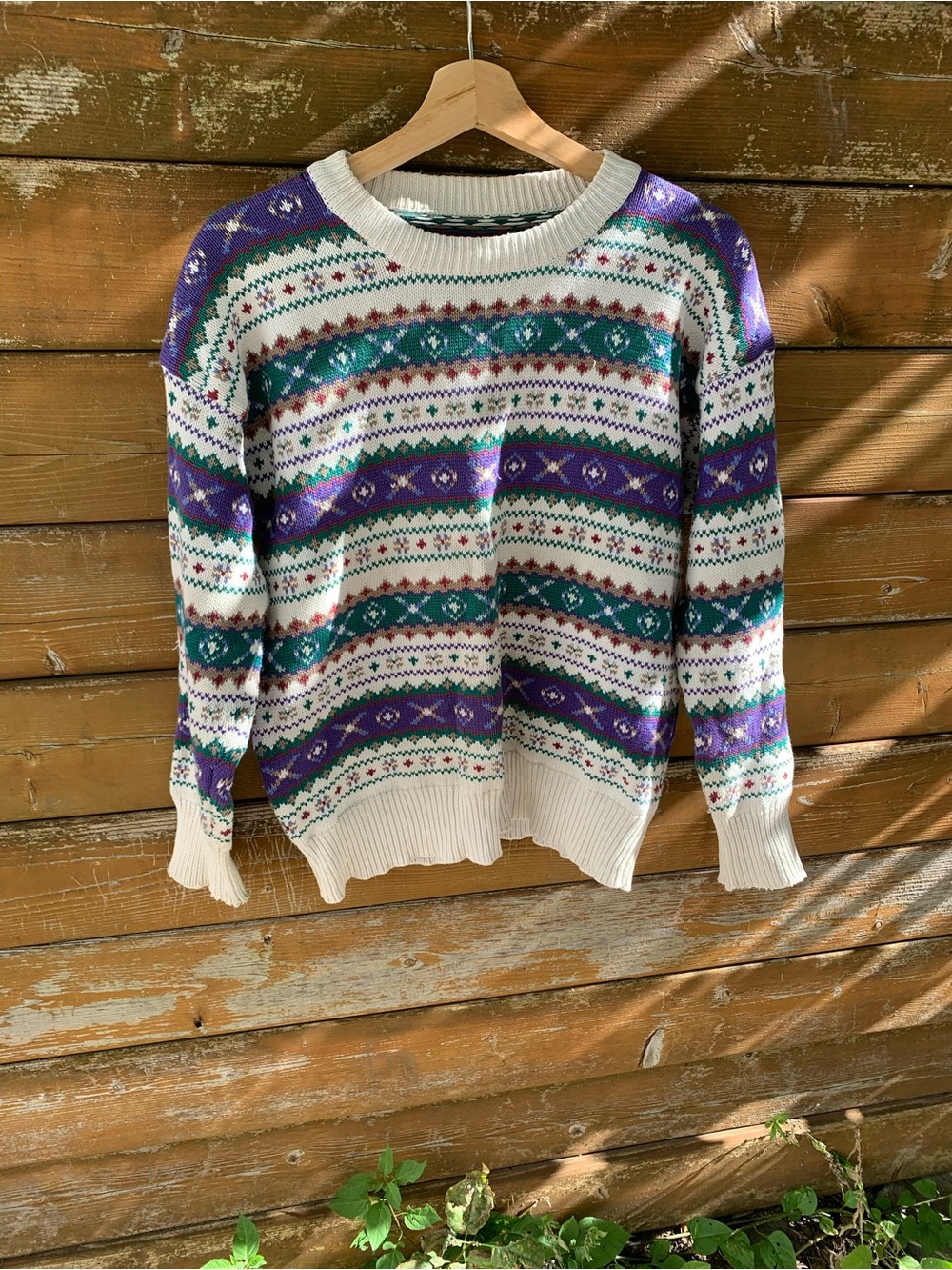 Vintage Fair Isle Nordic Crewneck Knit Sweater Purple Green Cream M/L